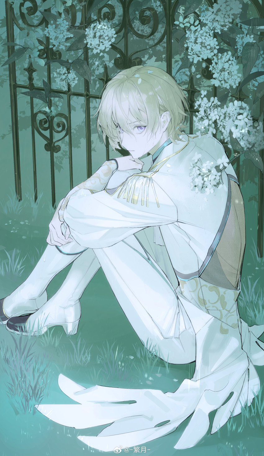 1boy, absurdres, artist_name, blonde_hair, boots, chinese_commentary, closed_mouth, commentary_request, flower, from_side, full_body, garden, grass, hair_behind_ear, high_heel_boots, high_heels, highres, hugging_own_legs, idol_clothes, kamijou_uta, long_sleeves, looking_at_viewer, looking_back, male_focus, on_ground, pants, purple_eyes, rain, readyyy!, short_hair, sitting, solo, v-shaped_eyebrows, wet, white_boots, white_flower, white_pants, yuefanfan