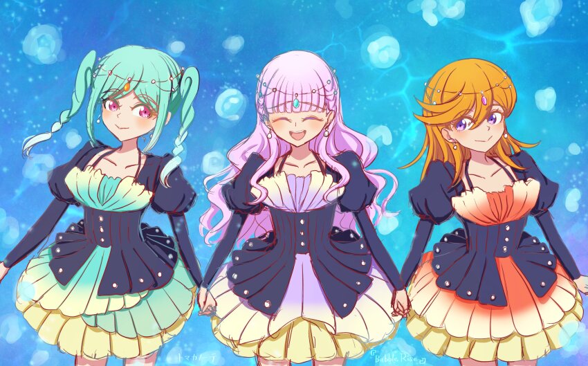 3girls, :d, ^_^, absurdres, alt_text, aqua_dress, aqua_hair, blue_background