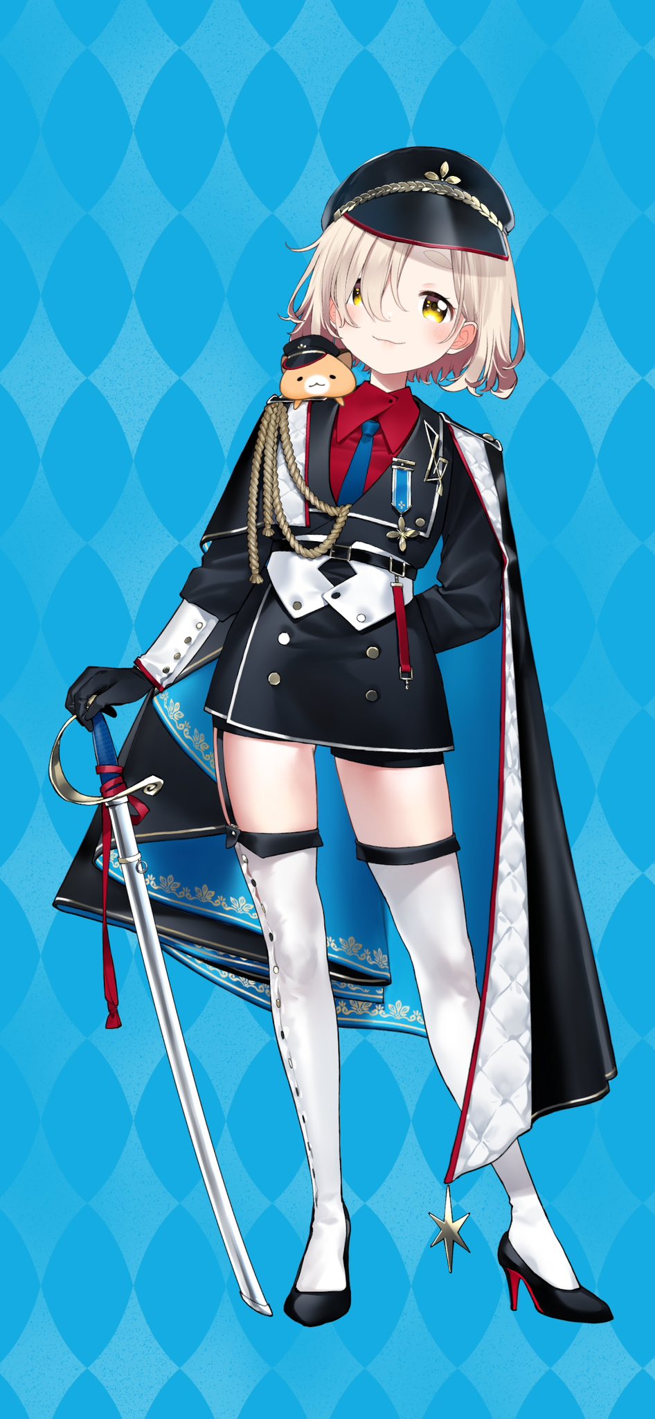 1girl, aiguillette, arm_behind_back, belt, belt_buckle, black_belt, black_cape, black_footwear, black_gloves, black_hat, black_jacket, black_shorts, blonde_hair, blue_background, blue_necktie, blush, buckle, buttons, cape, closed_mouth, collared_shirt, double-breasted, full_body, gloves, gonzalez_(machita_chima), hair_over_one_eye, hamster, hamster_on_shoulder, hand_on_hilt, hat, high_heels, highres, jacket, kurihara_sakura, leaning_to_the_side, legwear_garter, looking_at_viewer, machita_chima, machita_chima_(military), medal, military_uniform, necktie, nijisanji, official_alternate_costume, official_alternate_hairstyle, official_art, peaked_cap, pumps, red_shirt, saber_(weapon), second-party_source, sheath, sheathed, shirt, short_eyebrows, shorts, shoulder_boards, smile, solo, sword, thick_eyebrows, thighhighs, thighs, two-sided_cape, two-sided_fabric, virtual_youtuber, weapon, white_thighhighs, yellow_eyes