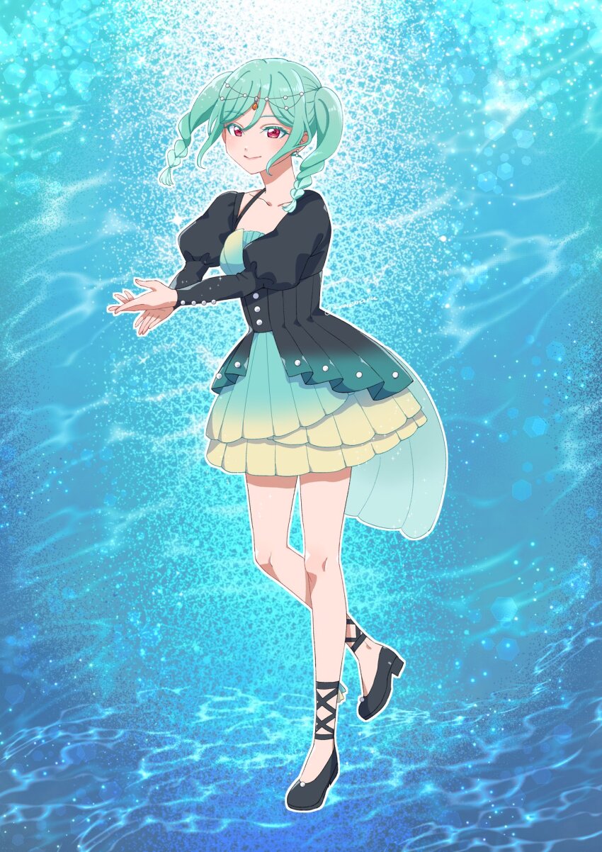 1girl, aqua_hair, black_dress, black_footwear, blue_background, blue_dress, blush, braid