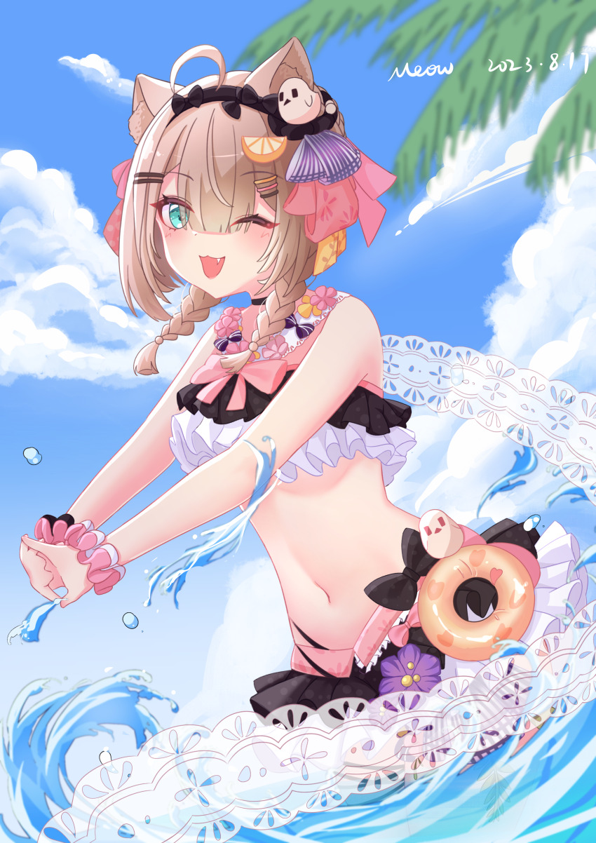 absurdres, ahoge, animal_ears, bare_shoulders, bikini, black_bikini, blue_sky, braid