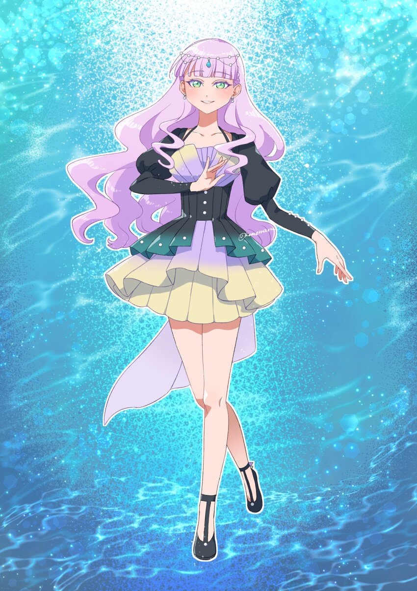 1girl, black_dress, black_shoes, blunt_bangs, blush, bubble_rise_(love_live!), collarbone, commentary, dress, earrings, gradient_clothes, gradient_dress, green_eyes, grin, highres, jewelry, juliet_sleeves, long_hair, long_sleeves, looking_at_viewer, love_live!, love_live!_superstar!!, official_alternate_costume, okome_maru, puffy_sleeves, purple_dress, purple_hair, shoes, short_dress, smile, solo, very_long_hair, wavy_hair, wien_margarete, yellow_dress