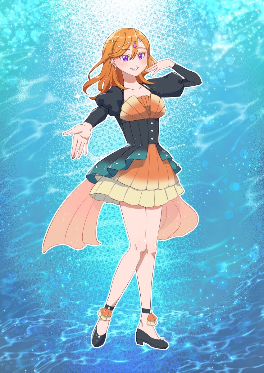 1girl, black_dress, black_footwear, blue_background, blush, bubble_rise_(love_live!), collarbone, commentary, dress, flats, full_body, gradient_clothes, gradient_dress, grin, hair_between_eyes, highres, juliet_sleeves, long_hair, long_sleeves, looking_at_viewer, love_live!, love_live!_superstar!!, official_alternate_costume, okome_maru, orange_dress, orange_hair, outline, outstretched_arm, puffy_sleeves, purple_eyes, shibuya_kanon, short_dress, smile, solo, swept_bangs, white_outline, yellow_dress