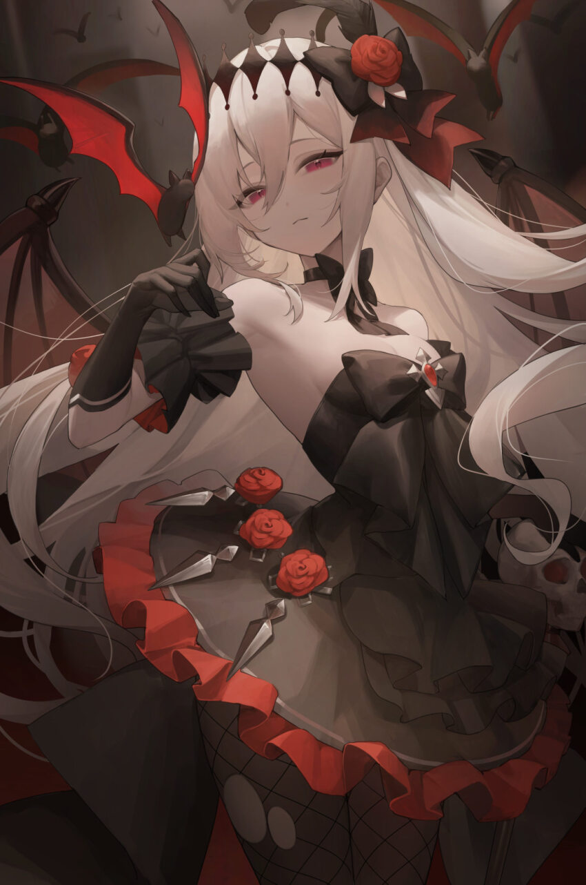 1girl, bare_shoulders, bat_(animal), bat_wings, black_bow, black_bowtie, black_dress, black_gloves