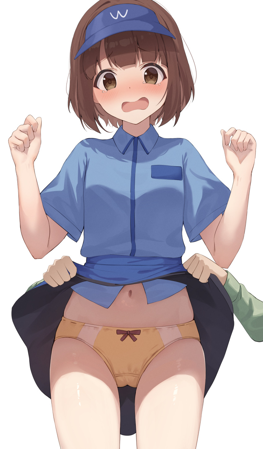 bitseon, blue_shirt, blue_skirt, blush, brown_eyes, brown_hair, clothes_lift, embarrassed, highres, medium_hair, open_mouth, panties, saionji_(tanakeda), shirt, skirt, skirt_lift, tanaka-kun_wa_itsumo_kedaruge, underwear, white_background, yellow_panties