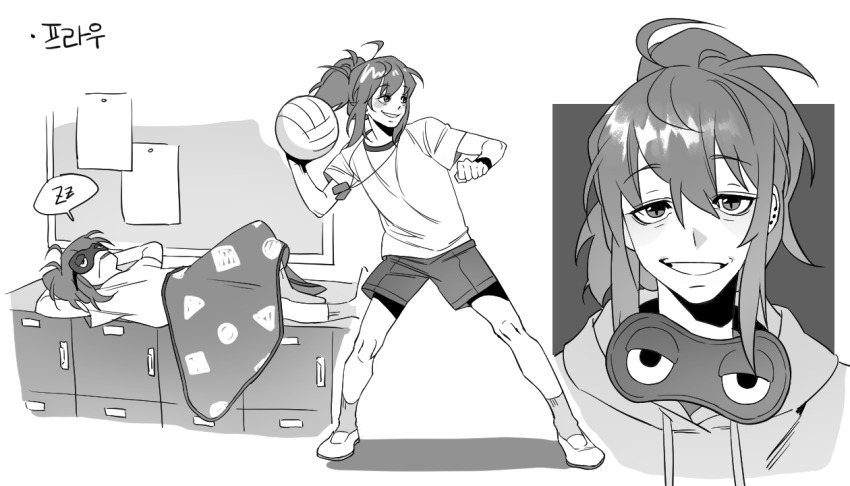 1girl, alternate_hairstyle, arms_behind_head, ball, blanket, bulletin_board, commentary_request, contemporary, dog_tags, drooling, fram_berge, greyscale, holding, holding_ball, hood, hoodie, jewelry, korean_commentary, locker, lord_of_heroes, lying, mask, mask_around_neck, monochrome, necklace, on_back, shirt, shorts, sleep_mask, smile, socks, spoken_zzz, t-shirt, taejo_(taejo68), wristband, zzz