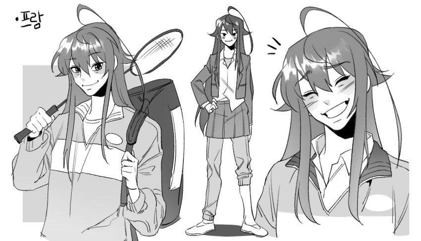 1girl, ahoge, bag, closed_eyes, commentary_request, contemporary, duffel_bag, fram_berge