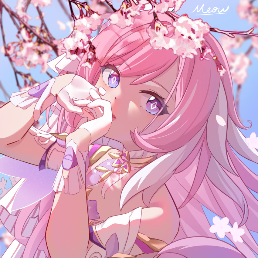 1girl, artist_name, bare_shoulders, blue_sky, cherry_blossoms, chinese_commentary, commentary_request, diamond-shaped_pupils