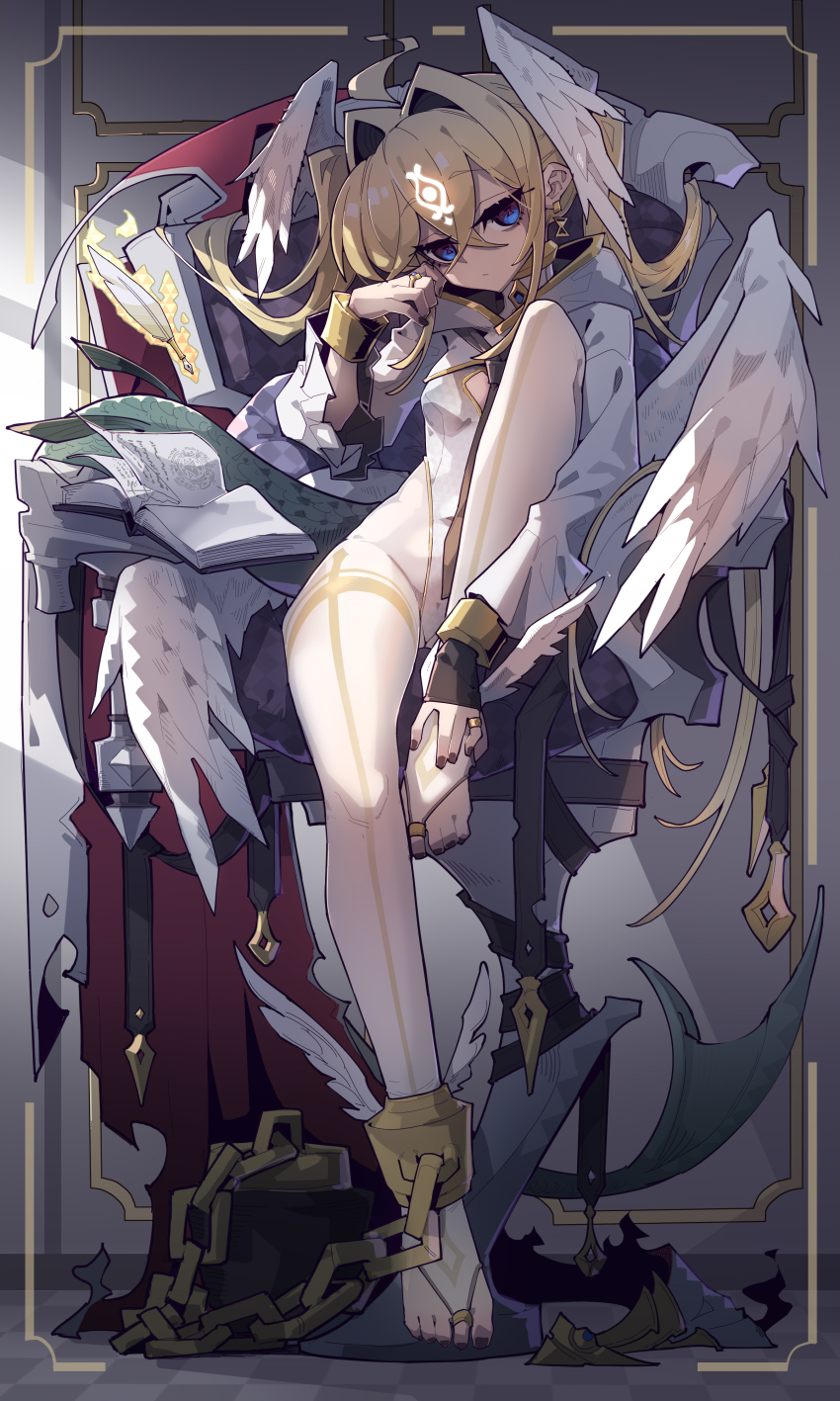 absurdres, angel, angel_wings, angels_(ensemble_stars!), barefoot, blonde_hair, book, breasts, chain, cleavage, highleg, highres, imazawa, long_hair, looking_at_viewer, on_throne, original, pantyhose, purple_eyes, sitting, small_breasts, throne, white_pantyhose, wings