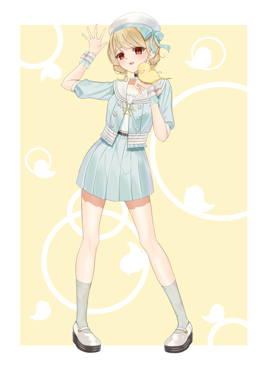 1girl, absurdres, animal, belt, beret, bird, bird_on_hand, black_belt