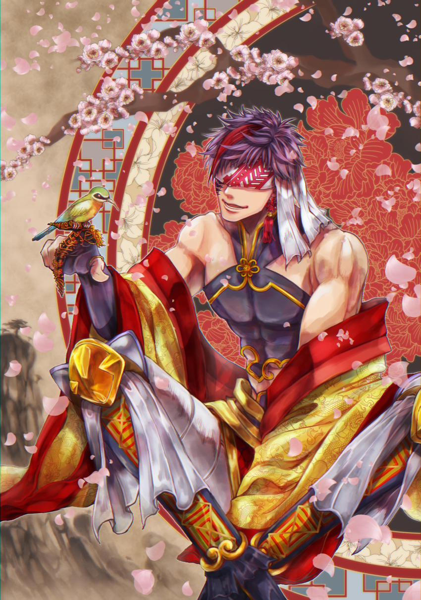 1boy, armor, bare_shoulders, bird, bird_on_hand, black_hair, blindfold, centipede_tattoo, cheek_tattoo, cherry_blossoms, chinese_clothes, earrings, facial_tattoo, gloves, gold_armor, gold_robe, gold_trim, highres, jewelry, male_focus, muscular, muscular_male, nail_armor, pants, partially_fingerless_gloves, qin_shi_huang_(shuumatsu_no_valkyrie), red_robe, robe, short_hair, shuumatsu_no_valkyrie, single_earring, smile, solo, tagme, tassel, tassel_earrings, tattoo, toned, toned_male, two-tone_robe, white_pants, yellow_robe
