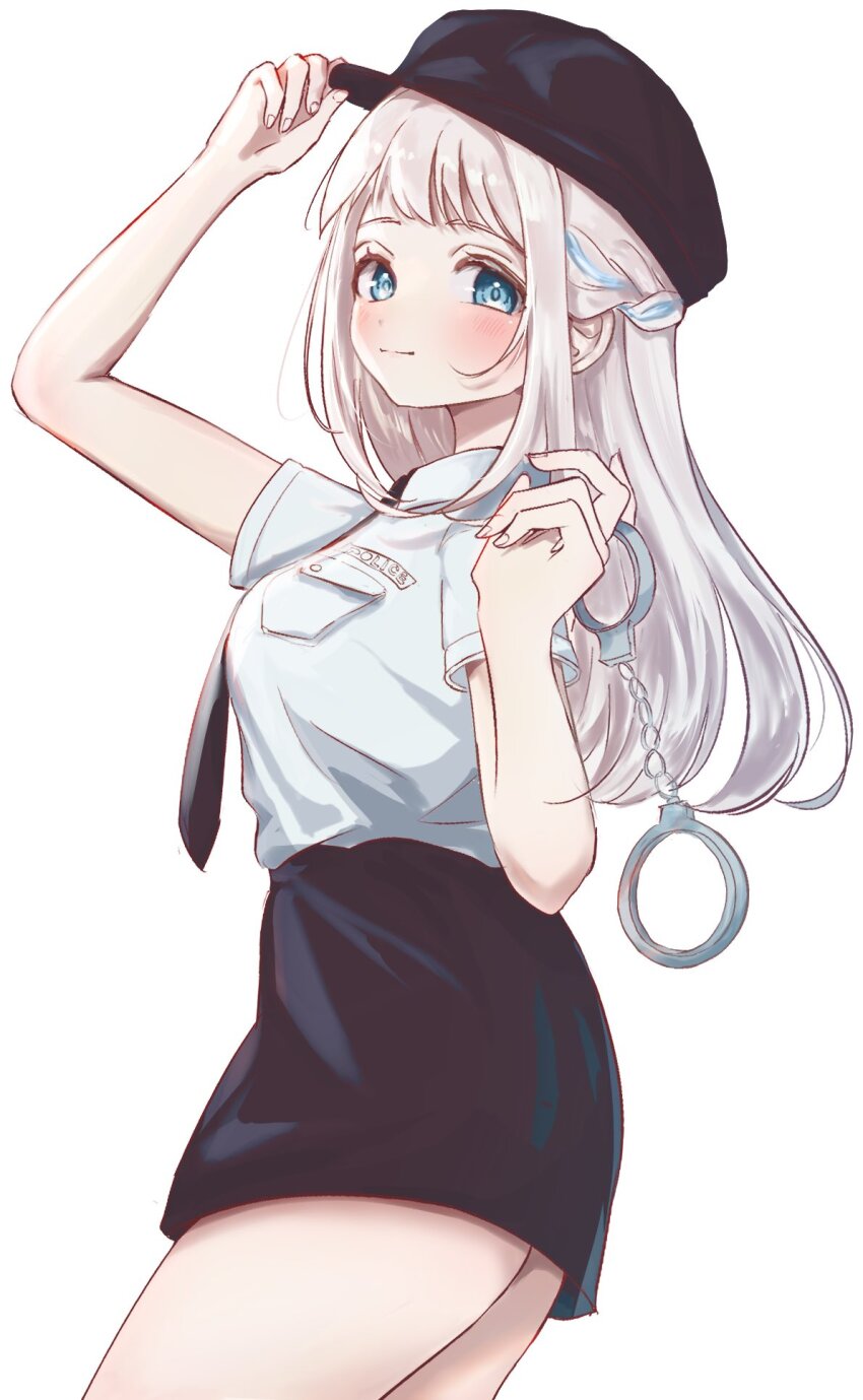 1girl, alternate_costume, alternate_hairstyle, black_hat, black_necktie, black_skirt, blue_eyes, blue_ribbon