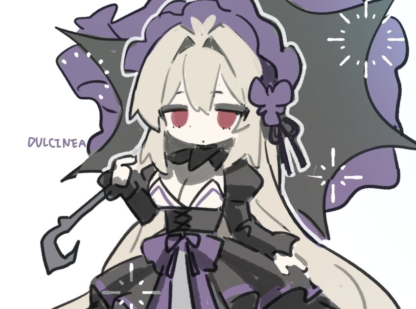 1girl, antenna_hair, black_bonnet, black_dress, bonnet, bow, breasts, cleavage