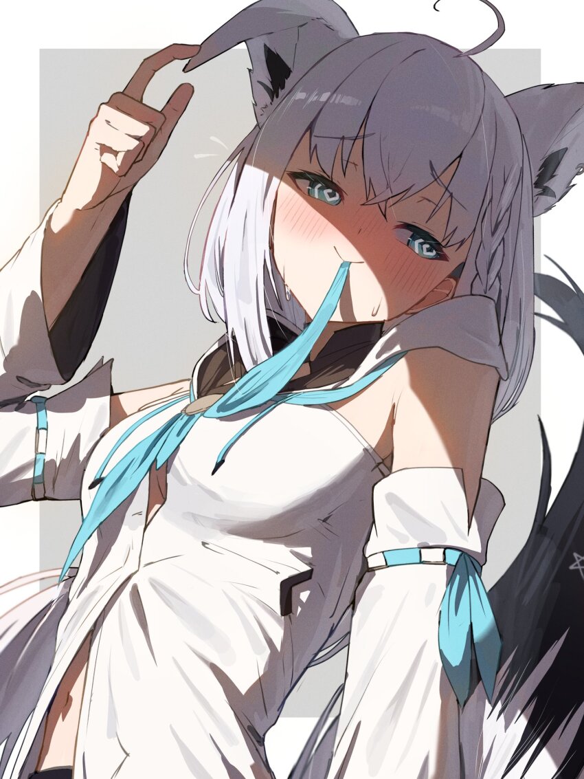 1girl, @_@, ahoge, animal_ears, biting, biting_clothes, blue_eyes, blue_neckerchief