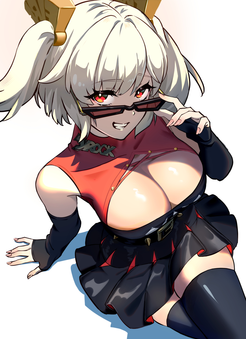 1girl, absurdres, black_jacket, black_skirt, black_thighhighs, black_tube_top, blonde_hair, breasts, burnice_white, cleavage, clenched_teeth, crossed_legs, elbow_gloves, fingerless_gloves, gloves, highres, jacket, looking_over_eyewear, mal_to_mal, pleated_skirt, red-tinted_eyewear, red_eyes, sitting, skirt, solo, strapless, sunglasses, teeth, thighhighs, tinted_eyewear, tube_top, two_side_up, white_background, zenless_zone_zero