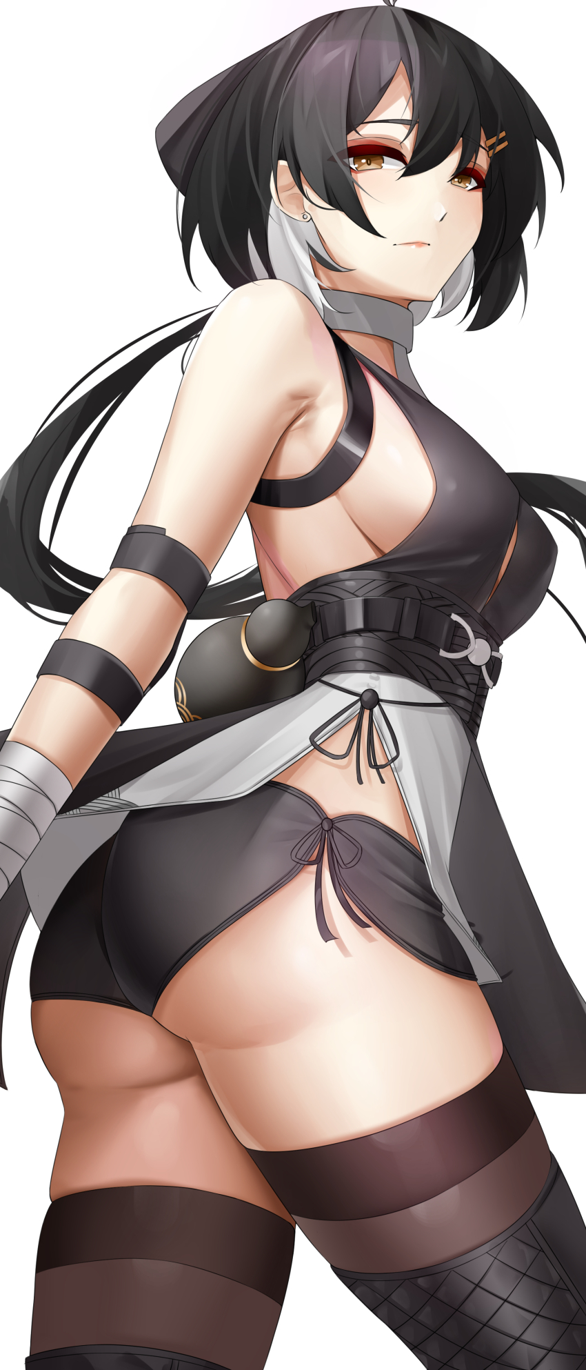 1girl, absurdres, ass, bandages, bare_shoulders, black_dress, black_hair, black_shorts, black_thighhighs, breasts, brown_eyes, casperrin, commentary, cowboy_shot, dress, female_rover_(wuthering_waves), highres, long_hair, looking_at_viewer, medium_breasts, pangu_terminal_(wuthering_waves), rover_(wuthering_waves), short_shorts, shorts, sideboob, simple_background, sleeveless, sleeveless_dress, solo, standing, thighhighs, thighs, twisted_torso, underbutt, very_long_hair, white_background, wrist_wrap, wuthering_waves