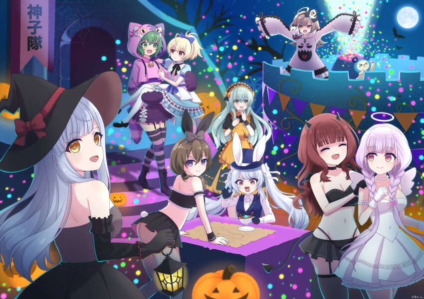 6+girls, :d, ^_^, absurdres, ahoge, alice's_adventures_in_wonderland, alice_(alice_in_wonderland), alice_(alice_in_wonderland)_(cosplay)