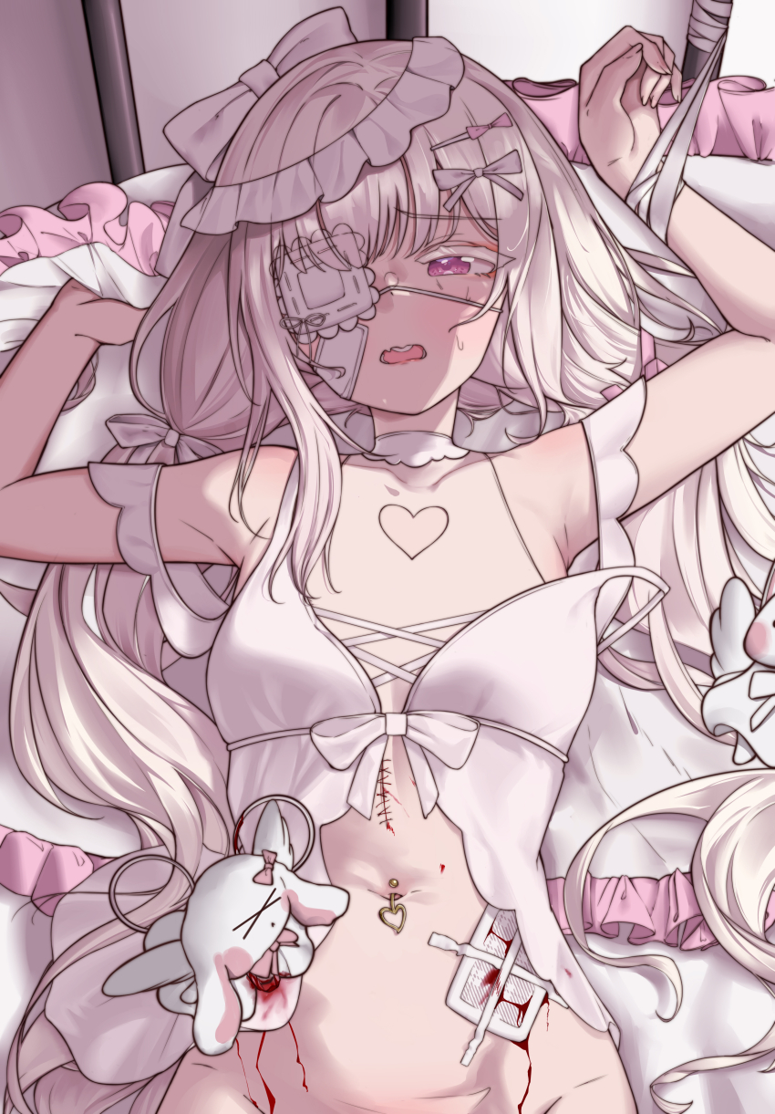 1girl, absurdres, armpits, babydoll, bandaged_wrist, bandages, bandaid, bandaid_on_face