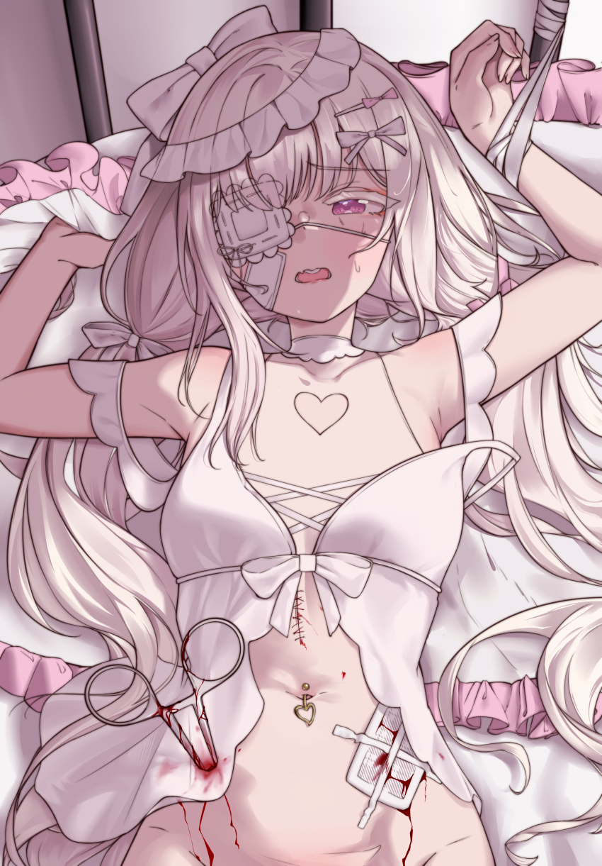 1girl, absurdres, armpits, babydoll, bandaged_wrist, bandages, bandaid, bandaid_on_face