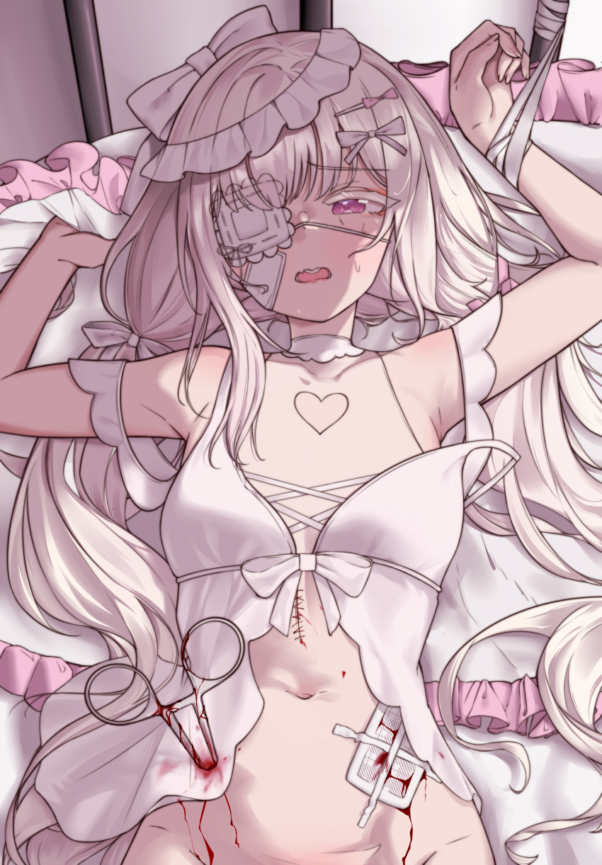 1girl, absurdres, armpits, babydoll, bandaged_wrist, bandages, bandaid, bandaid_on_face, bed_sheet, blood, blood_on_stomach, clothing_cutout, colored_eyelashes, eyepatch, flat_chest, furrowed_brow, gauze, gauze_on_stomach, half-closed_eyes, hands_up, heart_cutout, highres, injury, long_hair, looking_at_viewer, low_twintails, lying, medical_eyepatch, navel, nijisanji, on_bed, one_eye_covered, pillow, pink_eyes, scar, scar_on_stomach, shaun_(virtuareal), solo, stab, straight-on, surgical_scissors, sweat, twintails, upper_body, very_long_hair, virtual_youtuber, virtuareal, weidimala_zui_pang_beijixiong, white_babydoll, white_eyelashes, white_hair