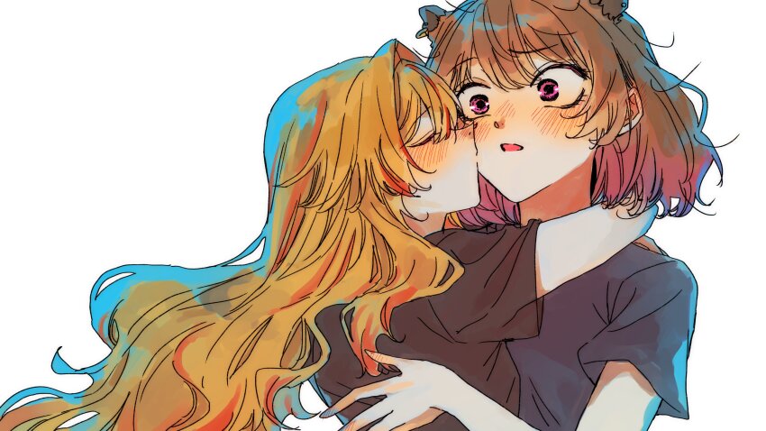 2girls, absurdres, amaotome, animal_ears, black_shirt, blonde_hair, blush, brown_hair