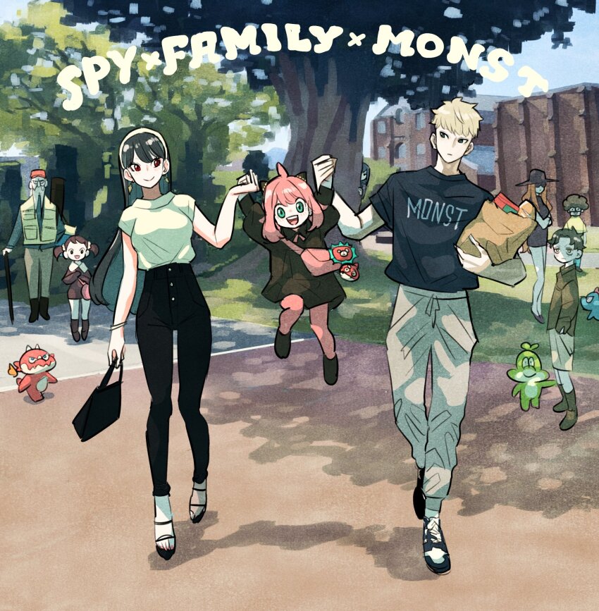 4girls, 5boys, ahoge, anya_(spy_x_family), bag, becky_blackbell, black_pants, blonde_hair, blue_smydra, brother_and_sister, cane, commentary_request, copyright_name, crossed_arms, damian_desmond, director_chimera_(spy_x_family), earrings, facial_hair, franky_franklin, full_body, green_smydra, hairband, hairpods, hand_in_pocket, hat, henry_henderson, highres, holding, holding_bag, holding_cane, jewelry, long_hair, long_mustache, looking_at_viewer, monster_strike, multiple_boys, multiple_girls, mustache, oragon, outdoors, pants, pantyhose, pink_hair, pink_pantyhose, red_eyes, red_smydra, shirt, shirt_tucked_in, short_hair, siblings, smile, spy_x_family, sylvia_sherwood, t-shirt, takeuchi_ryousuke, twilight_(spy_x_family), yor_briar, yuri_briar