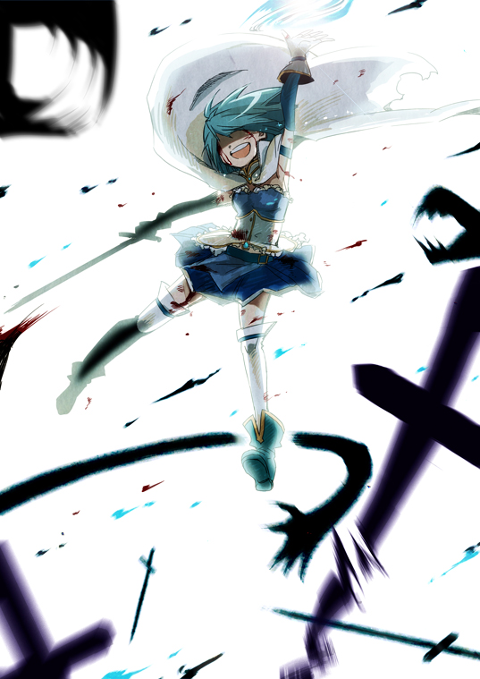 10s, arm_up, battle, blood, bloody_tears, blue_hair, blurry, cape