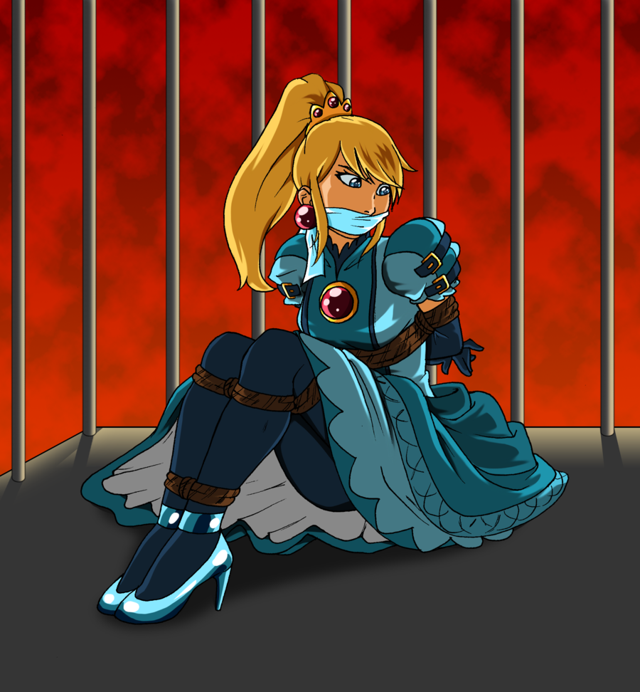 1girl, arms_behind_back, bdsm, bondage, bound, bound_ankles, bound_arms, bound_legs, bound_torso, box_tie, cloth_gag, cosplay, female_focus, gag, gagged, improvised_gag, mario_(series), metroid, nintendo, non-web_source, on_floor, original, pantyhose, ponytail, princess_peach, princess_peach_(cosplay), rocatart, rope, samus_aran, shibari, shibari_over_clothes, sitting, solo, tied_up_(nonsexual)