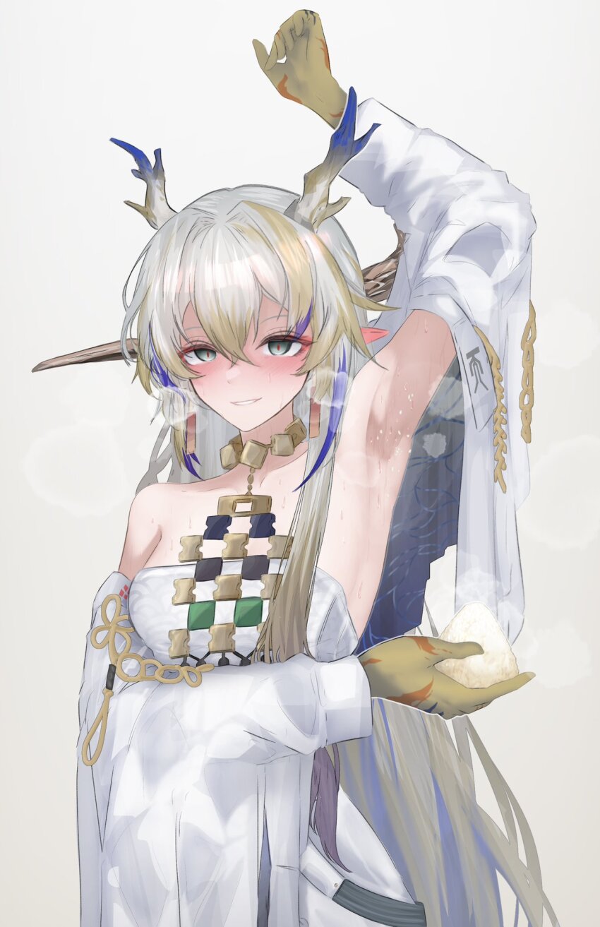 1girl, arknights, arm_up, armpit_onigiri, armpits, bare_shoulders, blonde_hair, blush, collarbone, colored_extremities, commentary, cowboy_shot, dragon_girl, dragon_horns, earrings, food, green_eyes, grey_background, grey_hair, hair_between_eyes, hair_intakes, highres, holding, holding_food, horns, jacket, jewelry, keiosu4, long_hair, long_sleeves, looking_at_viewer, multicolored_hair, onigiri, pointy_ears, presenting_armpit, purple_hair, red_pupils, rice, rice_on_armpit, shu_(arknights), smile, solo, standing, steam, sweat, very_long_hair, white_jacket
