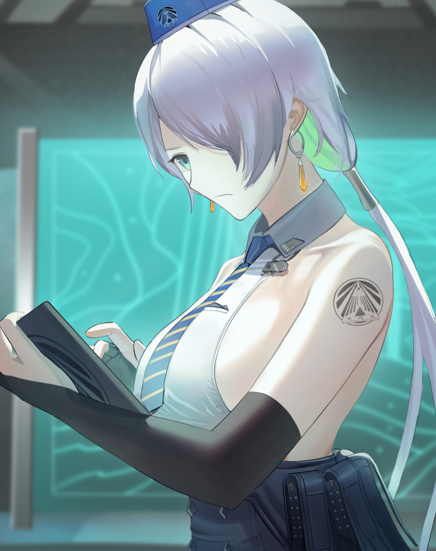 1girl, aqua_eyes, aqua_hair, backless_shirt, bare_shoulders, belt, belt_pouch, black_belt