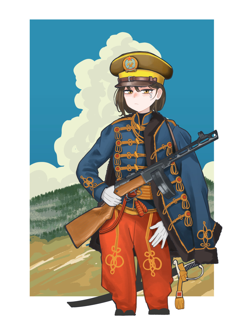 1girl, absurdres, brown_eyes, brown_hair, cloud, cloudy_sky, collared_jacket, gloves