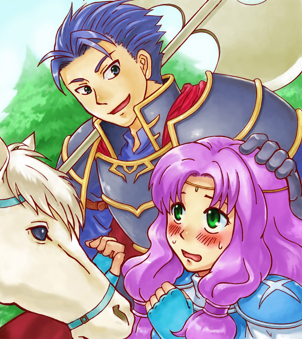 1boy, 1girl, axe, blush, circlet, fingerless_gloves, fire_emblem, fire_emblem:_the_blazing_blade, florina_(fire_emblem), gloves, green_eyes, hector_(fire_emblem), height_difference, horse, maruchi_(zens24), nintendo, headpat, purple_hair, sweatdrop, weapon, zens24