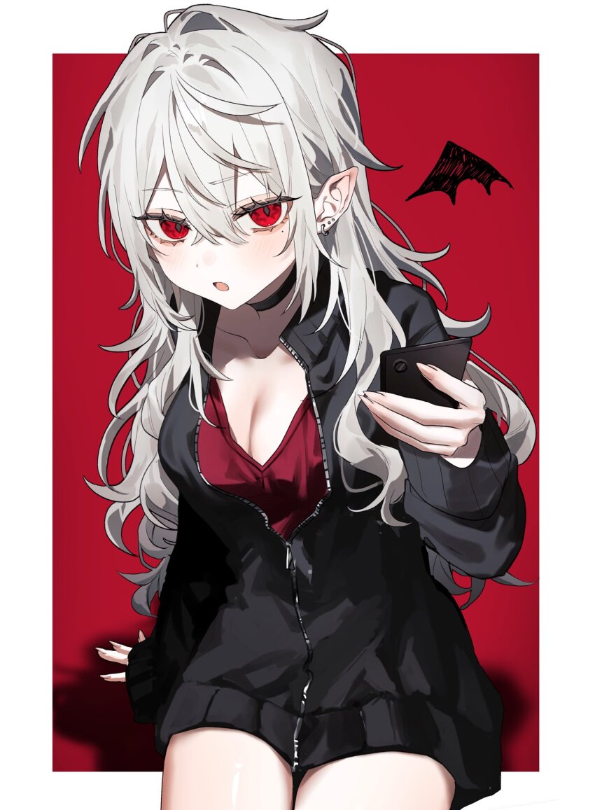 1girl, black_choker, black_jacket, blush, breasts, cellphone, choker, cleavage, collarbone, earrings, fang, genderswap, genderswap_(mtf), hair_between_eyes, highres, hijisk, holding, holding_phone, jacket, jewelry, kuzuha_(nijisanji), large_breasts, long_hair, long_sleeves, looking_at_viewer, messy_hair, multiple_earrings, nijisanji, partially_unzipped, phone, pointy_ears, red_eyes, red_shirt, sanya_(2nd_costume)_(nijisanji), sanya_(nijisanji), shirt, sidelocks, sitting, smartphone, solo, sweater_jacket, thighs, very_long_hair, virtual_youtuber, white_hair