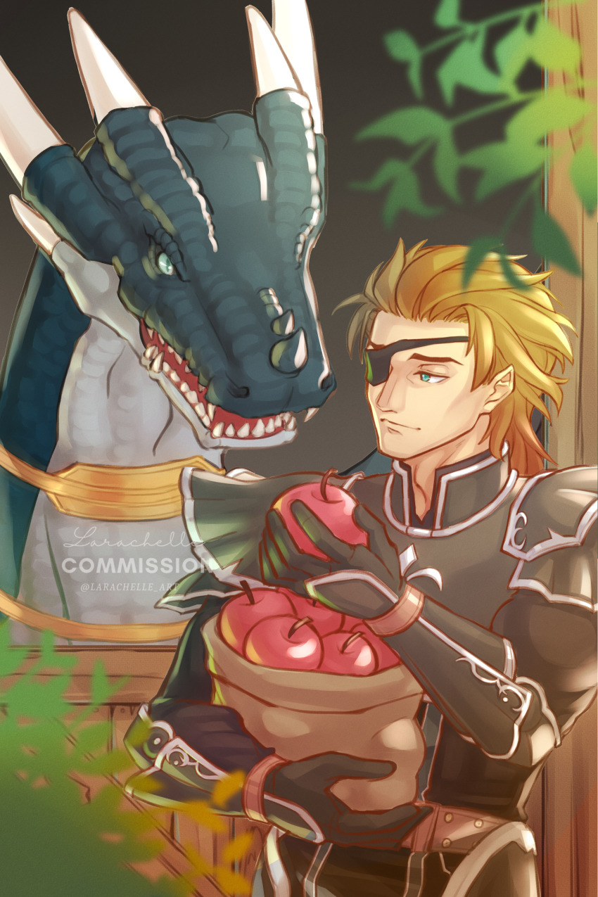 1boy, absurdres, apple, armor, artist_name, brown_hair, commentary, commission