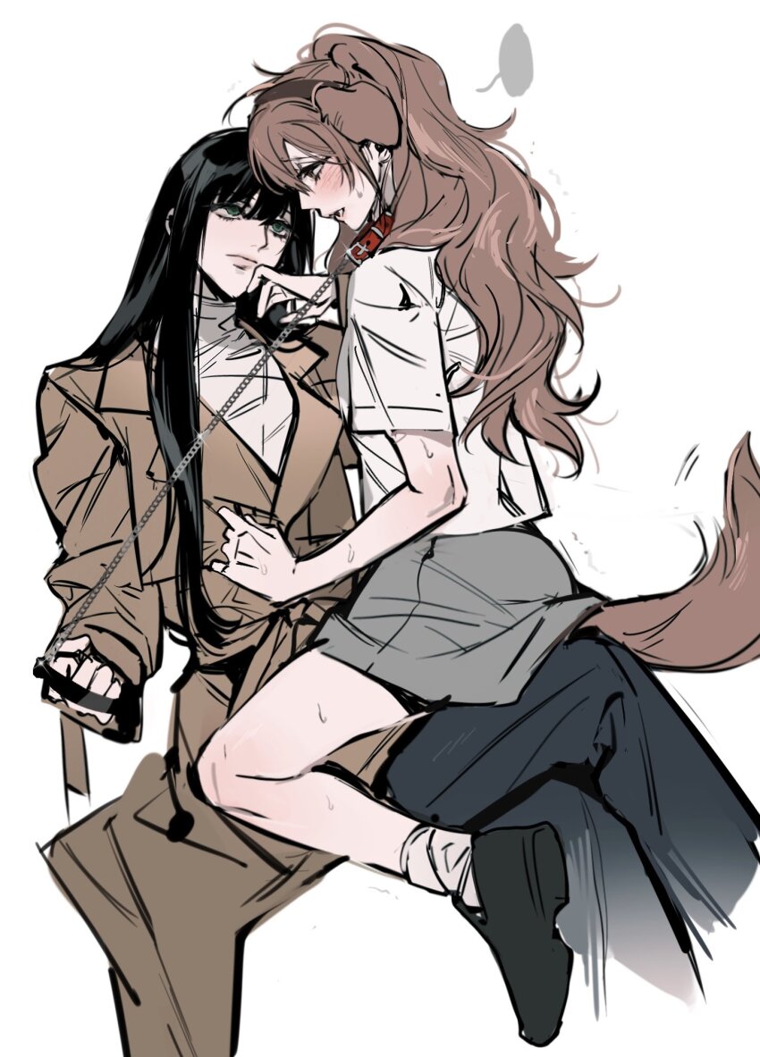 2girls, animal_collar, animal_ears, black_footwear, black_hair, black_pants, blank_speech_bubble, blush