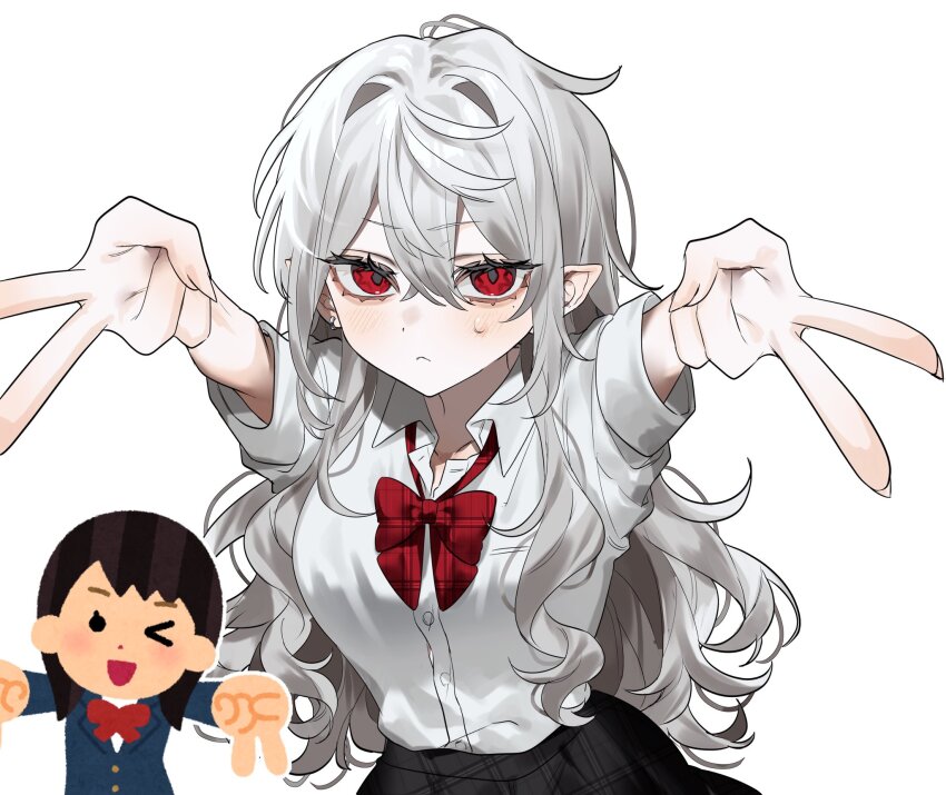 1girl, :<, black_shirt, bow, bowtie, breasts, collared_shirt, double_gyaru_v, genderswap, genderswap_(mtf), gyaru_v, hair_between_eyes, highres, hijisk, irasutoya, kuzuha_(nijisanji), large_breasts, long_hair, messy_hair, nijisanji, one_eye_closed, plaid_bow, plaid_bowtie, plaid_clothes, plaid_skirt, pointy_ears, reaching, reaching_towards_viewer, red_bow, red_bowtie, red_eyes, reference_inset, sanya_(nijisanji), school_uniform, shirt, shirt_tucked_in, sidelocks, simple_background, skirt, sleeves_rolled_up, sweatdrop, v, very_long_hair, virtual_youtuber, white_background, white_hair, white_shirt