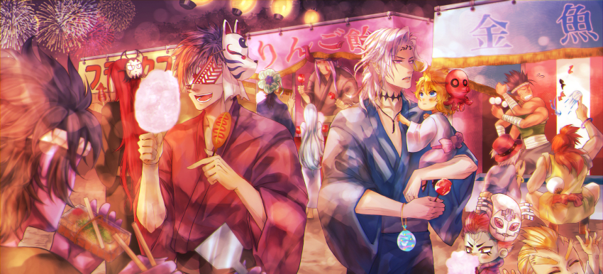 6+boys, adamas_(shuumatsu_no_valkyrie), aged_down, arms_up, black_hair, blindfold, blonde_hair, blue_eyes