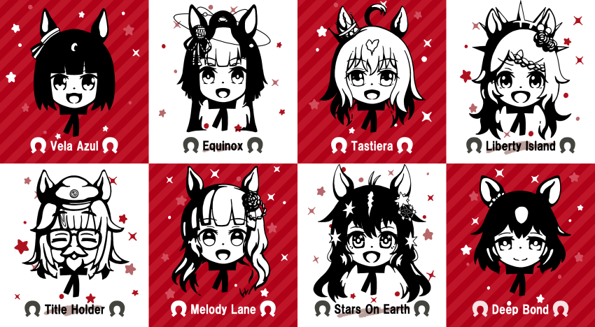 6+girls, 86yun, absurdres, ahoge, animal_ears, deep_bond_(racehorse), equinox_(racehorse), fake_facial_hair, fake_mustache, glasses, hair_ornament, highres, horse_ears, horse_girl, kfc, liberty_island_(racehorse), long_hair, medium_hair, melody_lane_(racehorse), multiple_girls, open_mouth, portrait, simple_background, star_(symbol), star_hair_ornament, stars_on_earth_(racehorse), tastiera_(racehorse), umamusume, umamusume_tanuki, vela_azul_(racehorse)