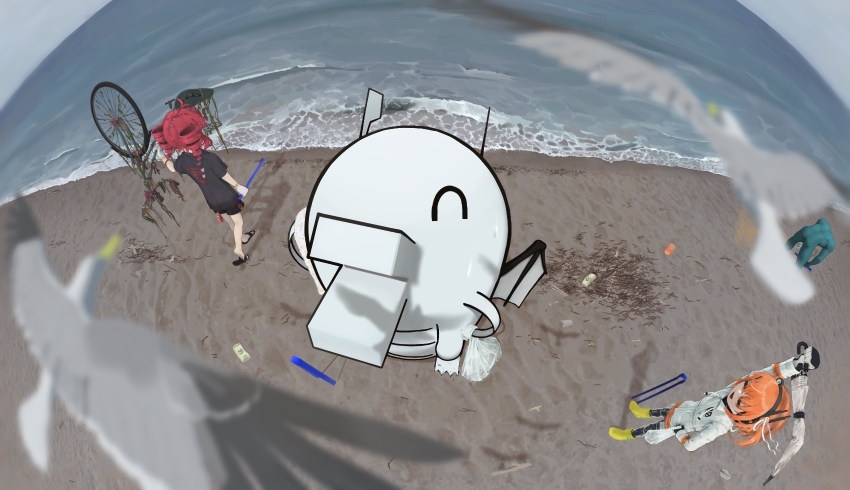 2girls, a.i._voice, adachi_rei, ahoge, alternate_costume, arm_up, bag, beach, bicycle, bird, black_shirt, black_shorts, blurry, blurry_foreground, boots, cleaning, dai_maou_akinai_(godakinai), dragon, drill_hair, fisheye, from_above, gloves, hair_ribbon, headlamp, highres, holding, holding_bag, jacket, kasane_teto, long_sleeves, medium_hair, multiple_girls, one_side_up, open_mouth, orange_hair, outdoors, red_hair, ribbon, rubber_boots, seagull, shirt, short_sleeves, shorts, slippers, standing, suki_na_souzai_happyou_dragon_(utau), t-shirt, trash, twin_drills, umbrella, utau, water, white_jacket, white_ribbon, wide_shot, yellow_boots