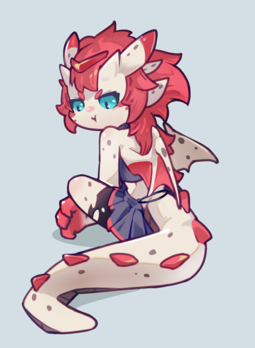 1girl, :t, absurdres, animal_feet, black_skirt, blue_sclera, claws, colored_sclera