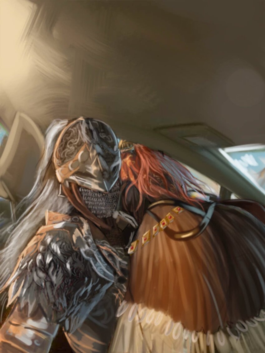 1girl, 1other, abyssmalenia, armor, ass, bloody_wolf_(elden_ring), car, covered_eyes, dress, elden_ring, he_wants_to_order_(meme), helmet, highres, long_hair, malenia_blade_of_miquella, meme, motor_vehicle, red_hair, tarnished_(elden_ring), very_long_hair, winged_helmet