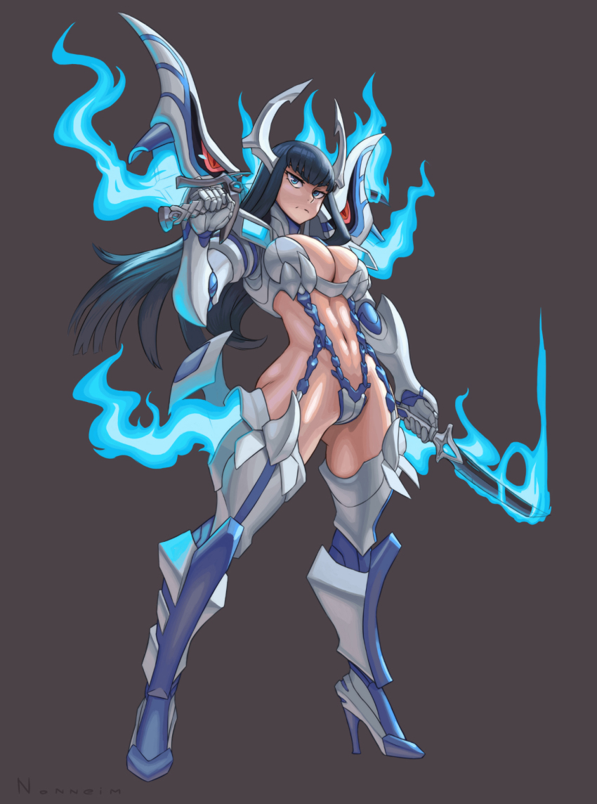 1girl, adapted_costume, bakuzan, black_hair, blue_eyes, blue_fire, boots, breasts