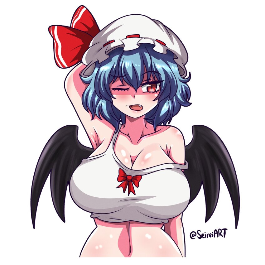 1girl, alternate_breast_size, arm_behind_head, arm_up, artist_name, bat_wings, blue_hair, bow, breasts, cleavage, fang, hair_between_eyes, hat, highres, large_breasts, mob_cap, navel, one_eye_closed, open_mouth, red_bow, red_eyes, red_ribbon, remilia_day, remilia_scarlet, ribbon, seireiart, short_hair, simple_background, solo, tank_top, touhou, twitter_username, upper_body, white_background, white_hat, white_tank_top, wings