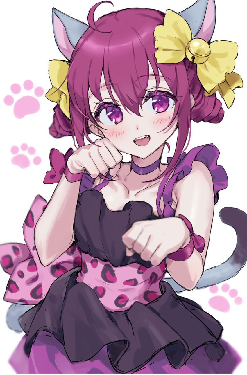 1girl, ahoge, animal_ears, black_dress, blush, bow, cat_ears, cat_paws