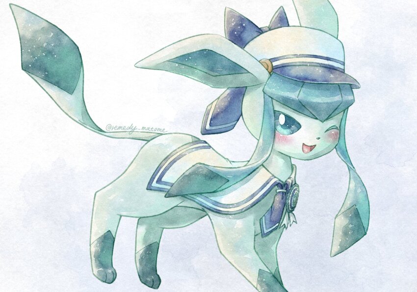 blue_eyes, blush, gen_4_pokemon, glaceon, glaceon_(summer_sailor), hat, highres, long_hair