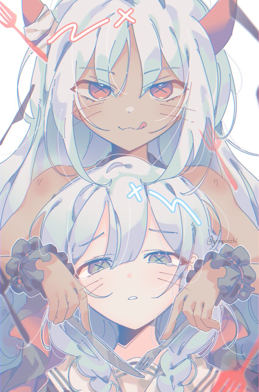 2girls, :q, absurdres, black_wrist_cuffs, braid, commentary, damonisch, dark-skinned_female, dark_skin, demon_girl, demon_horns, dot_nose, drawn_whiskers, eyelashes, eyes_visible_through_hair, fang, floating, floating_object, fork, grapeichi, green_eyes, grey_hair, hair_between_eyes, highres, holding, holding_fork, holding_knife, horns, knife, licking_lips, long_hair, looking_at_viewer, low_twin_braids, multiple_girls, outline, pale_color, parted_lips, red_eyes, red_horns, sailor_collar, sidelocks, simple_background, single_tear, sleeveless, untranslatable_commentary, symbol-shaped_pupils, tongue, tongue_out, tuyu_(band), twin_braids, twitter_username, unkempt, upper_body, white_background, white_hair, white_outline, white_sailor_collar, worried, wrist_cuffs, x-shaped_pupils
