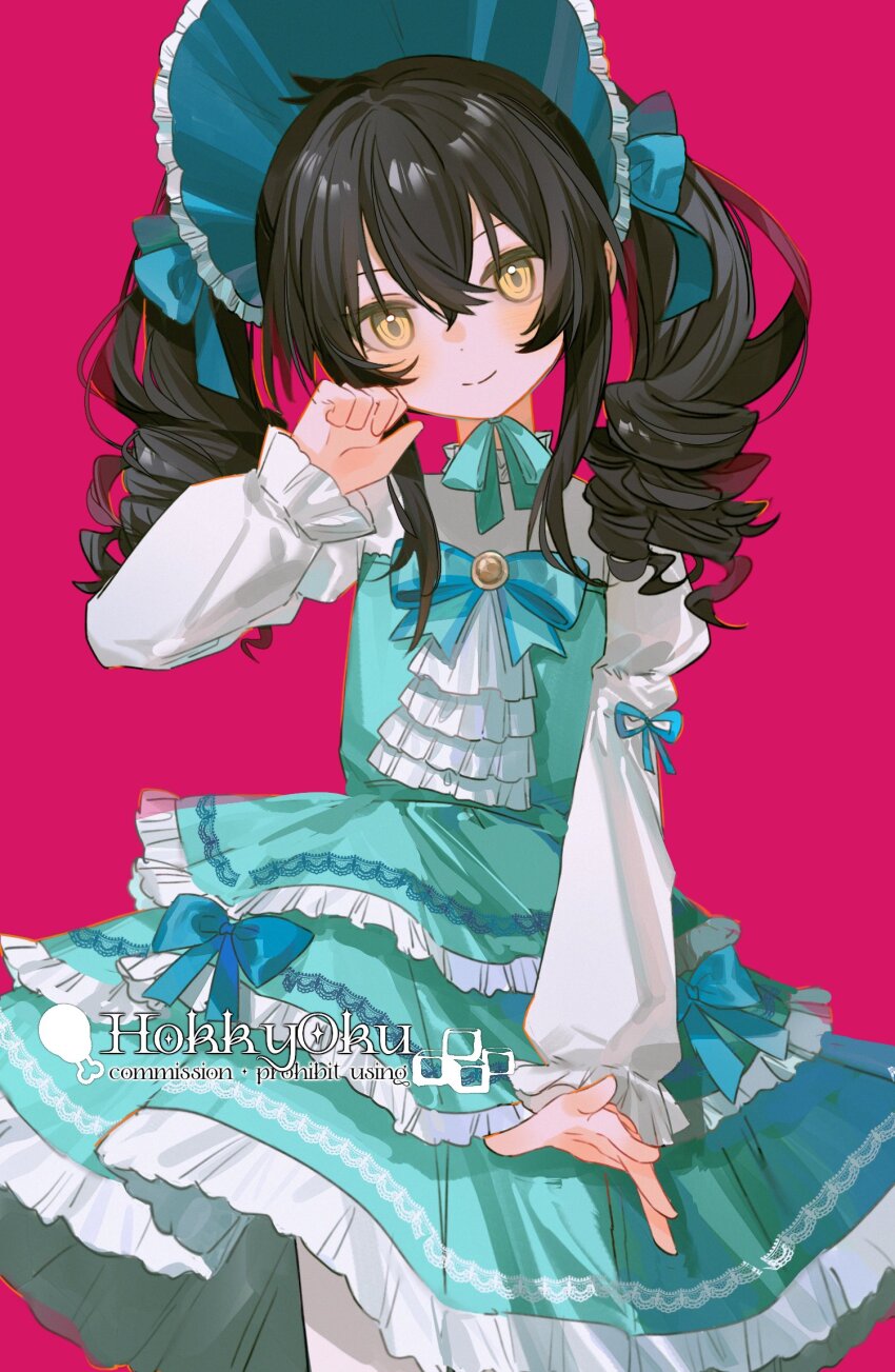 1girl, aqua_dress, black_hair, blush, bonnet, commission, dress, drill_hair, frilled_dress, frills, hair_between_eyes, highres, hokky_oku, idolmaster, idolmaster_cinderella_girls, lolita_fashion, long_hair, looking_at_viewer, matoba_risa, simple_background, smile, solo, twin_drills, yellow_eyes