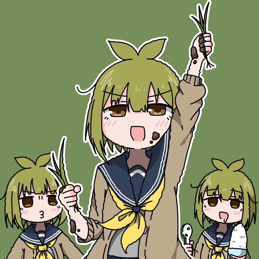 bashame_meme, blue_sailor_collar, bowl, brown_cardigan, brown_eyes, cardigan, dirt, dirty