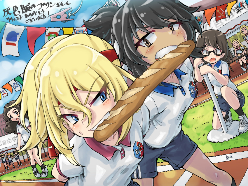 6+girls, absurdres, andou_(girls_und_panzer), arms_behind_back, baguette, bc_freedom_(emblem), black_eyes, black_hair, black_socks, blonde_hair, blue_eyes, blue_shorts, blue_sky, bonple_(emblem), bread, bread_eating_race, cloud, cloudy_sky, commentary_request, commission, day, double_vertical_stripe, emblem, food, food_in_mouth, frown, girls_und_panzer, glaring, glasses, gym_shirt, gym_shorts, highres, koala_forest_(emblem), kuroneko_douji, long_hair, looking_at_another, maginot_(emblem), marie_(girls_und_panzer), medium_hair, mouth_hold, multiple_girls, on_one_knee, ooarai_(emblem), oshida_(girls_und_panzer), outdoors, partial_commentary, pixiv_commission, polo_shirt, pravda_(emblem), print_shirt, running, running_track, saunders_(emblem), semi-rimless_eyewear, shirt, shoes, short_hair, short_sleeves, shorts, sitting, sky, sneakers, socks, sofue_(girls_und_panzer), sports_festival, standing, string_of_flags, sweatdrop, translated, under-rim_eyewear, viking_fisheries_(emblem), white_footwear, yogurt_(emblem)