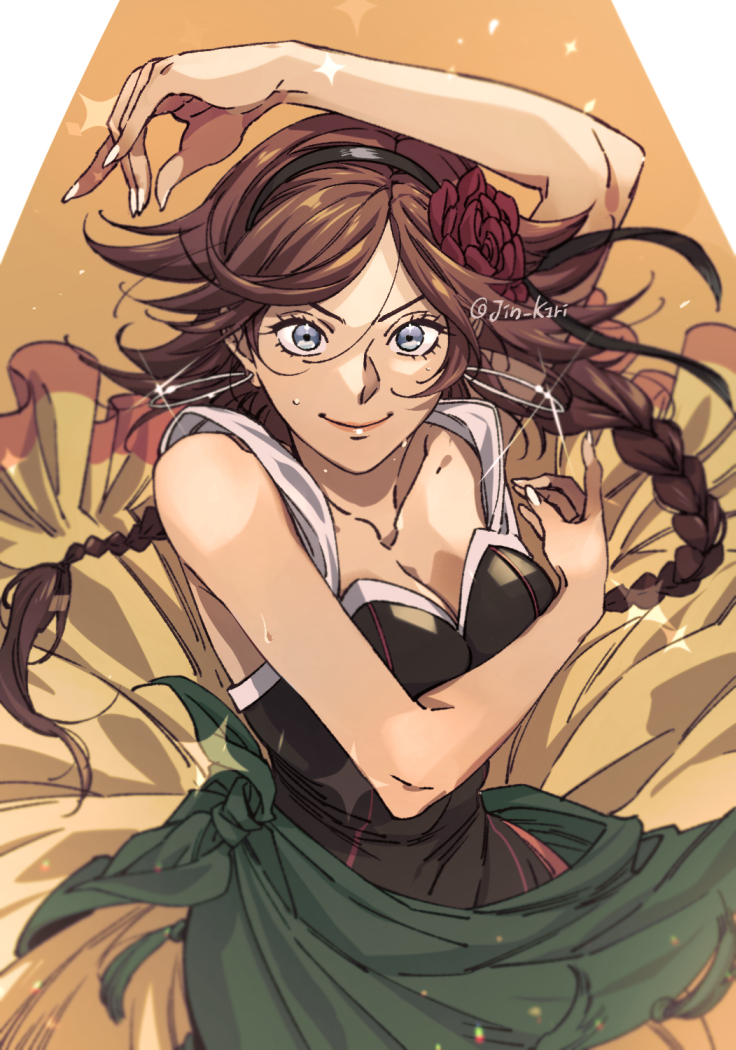 1girl, agnea_bristarni, black_hairband, braid, breasts, cleavage, closed_mouth, commentary